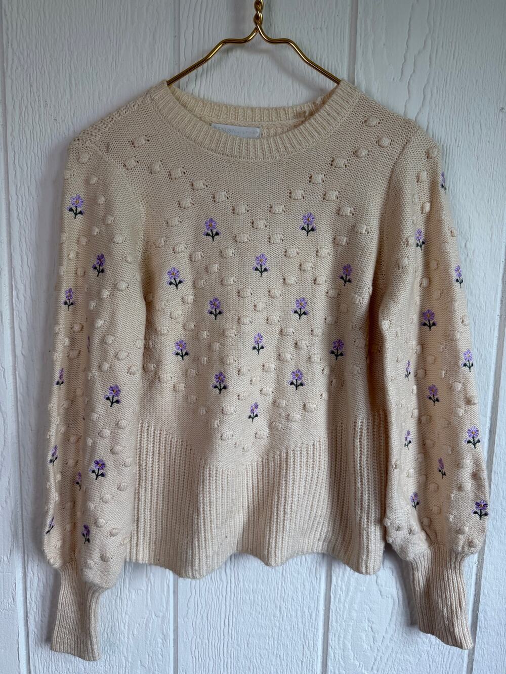 Vintage Cream Floral Embroidered Bobble Knit Sweater Cottagecore S